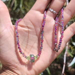 Handmade 925 sterling silver green, red, purple multicolor art glass necklace